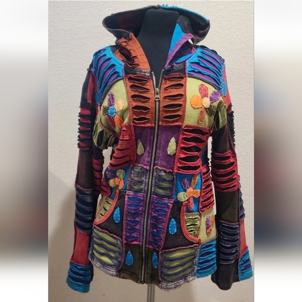 Rising International Flower Patchwork Hoodie Jacket Women Size M Hippie 3D Knit